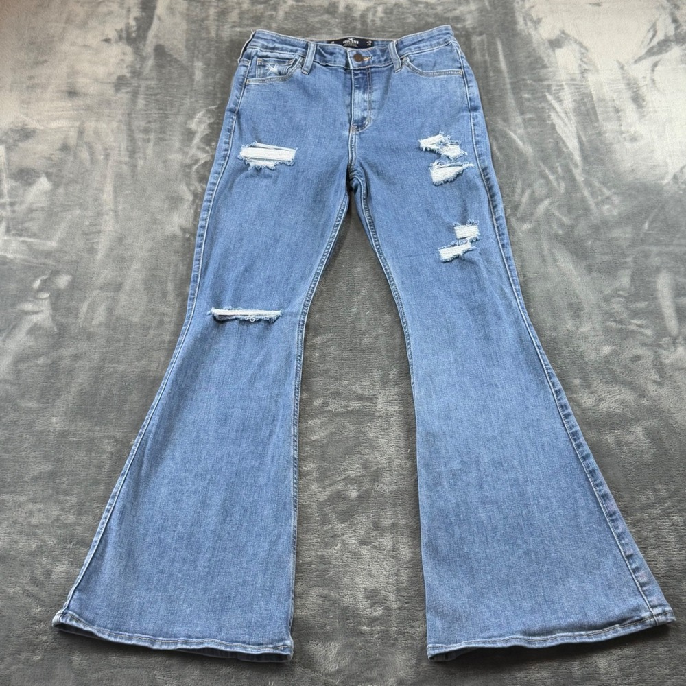Hollister High Rise Flare Jeans 9R W29 L31 Distressed Ripped Soft Stretch Blue